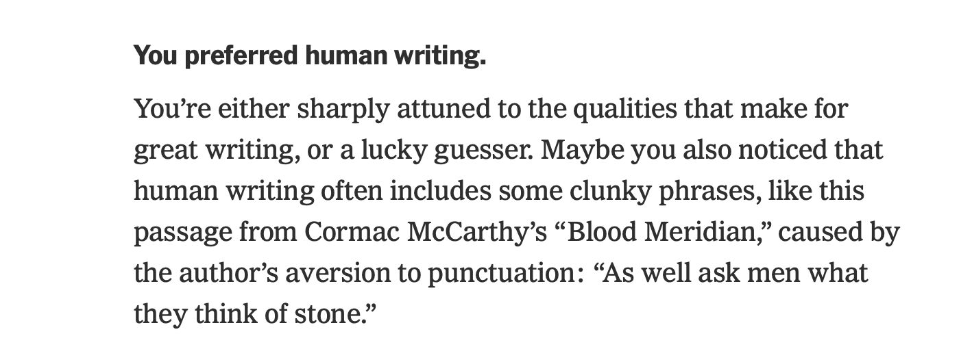 Screenshot of the New York Times AI writing quiz result showing the user preferred human writing