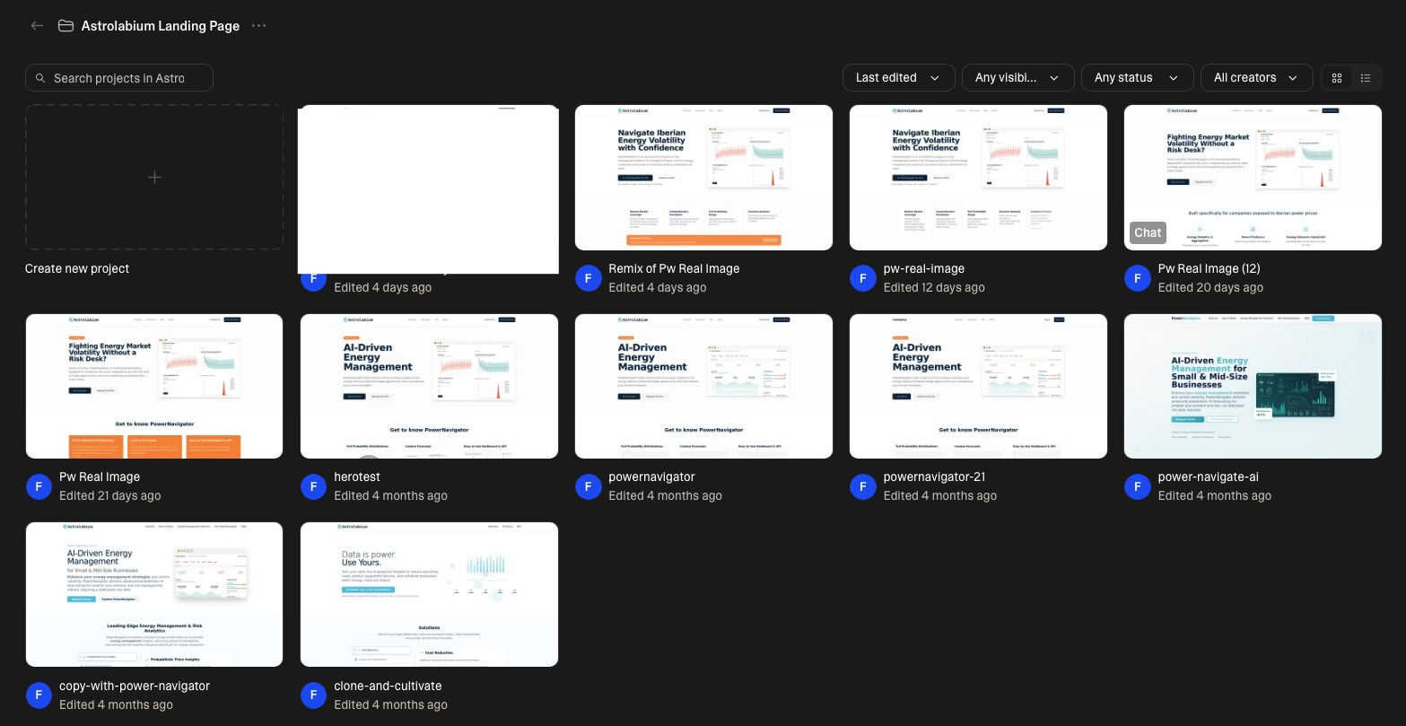 Screenshot showing 11 different landing page versions created with Lovable for Astrolabium
