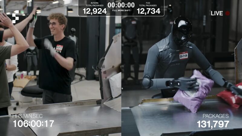 Figure AI man vs. machine contest — a human and a humanoid robot sorting packages side by side